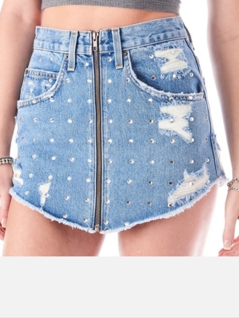 Carmar Beatrice Distressed Rhinestone Denim Mini Skirt Women's Small (26)